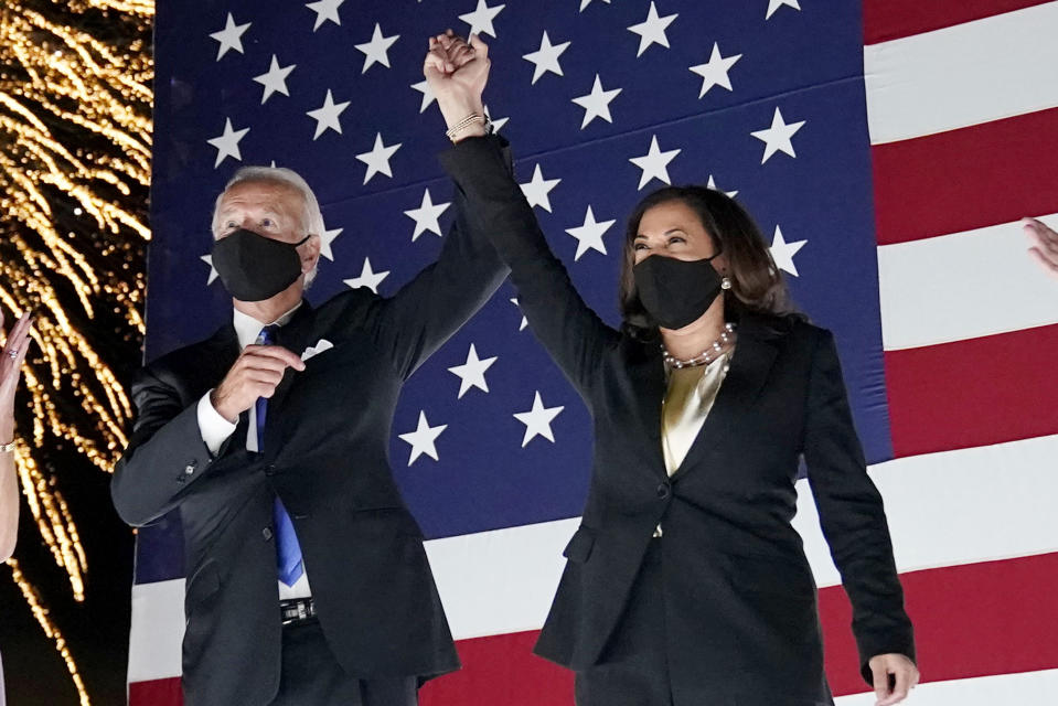 Democratic presidential candidate Joe Biden and his running mate, Sen. Kamala Harris, D-Calif., on night four of the Democratic National Convention at the Chase Center in Wilmington, Del., on Aug. 20. (Andrew Harnik/AP)