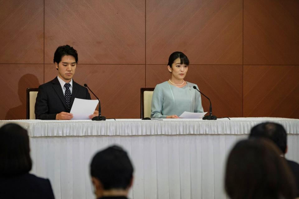 Mako and her husband Komuro gave a press conference to announce their wedding (Nicolas Datiche/AP)