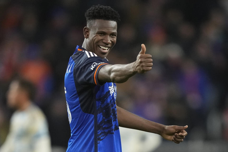 FC Cincinnati defender Yerson Mosquera celebrates after scoring against the Philadelphia Union during the second half of an MLS Eastern Conference semifinal soccer match Saturday, Nov. 25, 2023, in Cincinnati. Cincinnati won 1-0. (AP Photo/Carolyn Kaster)