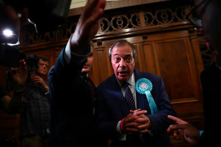 Brexit Party leader Nigel Farage is seen following the results for the European Parliamentary election in Southampton, Britain, May 27, 2019. REUTERS/Hannah McKay
