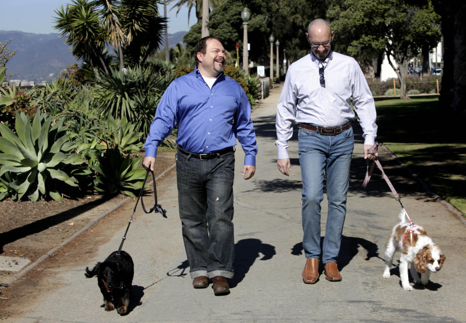 This Feb. 23, 2012 photo shows Steven May, right walking with his dog, Winnie beside his attorney, David Pisarra, walking his dog, Dudley in Santa Monica, Calif. Custody cases involving pets are on the rise across the country. In a 2006 survey by the 1,600-member American Academy of Matrimonial Lawyers, a quarter of respondents said pet custody cases had increased noticeably since 2001. (AP Photo/Nick Ut)