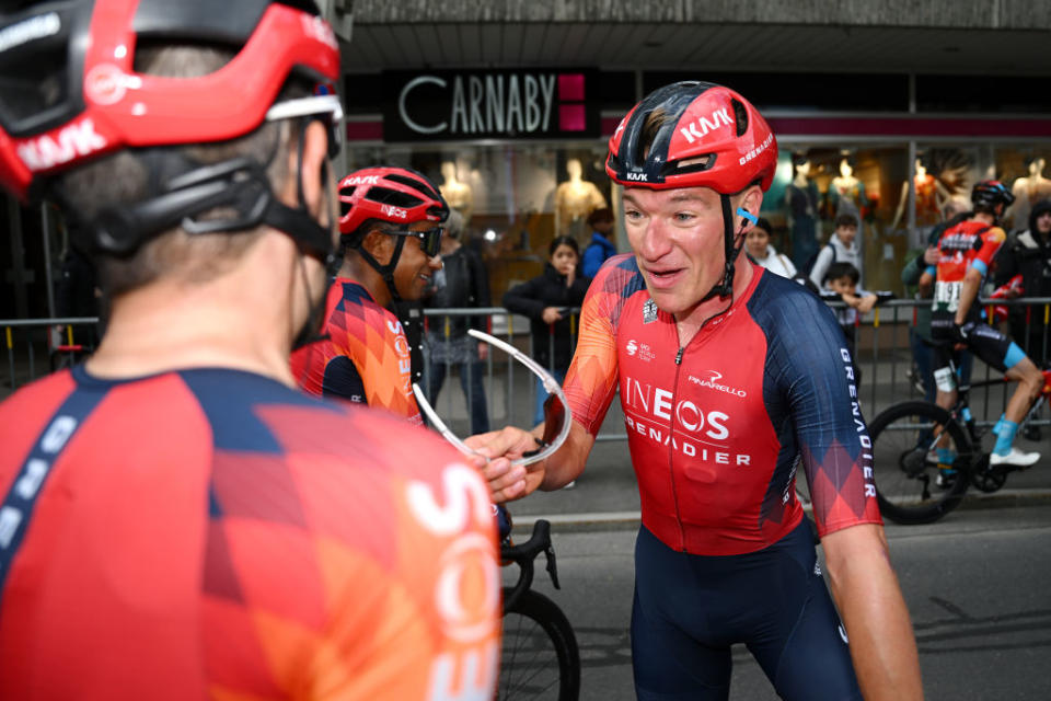 LA CHAUXDEFONDS SWITZERLAND  APRIL 27 Stage winner Ethan Hayter of United Kingdom and Team INEOS Grenadiers reacts after the 76th Tour De Romandie 2023 Stage 2 a 1627km stage from Morteau to La ChauxdeFonds  UCIWT  on April 27 2023 in La ChauxdeFonds Switzerland Photo by Dario BelingheriGetty Images