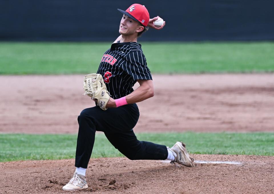 Eastern Greene’s Will Inman (9) pitches during the baseball game against Bloomfield at Eastern Greene on Friday, May 3, 2024.