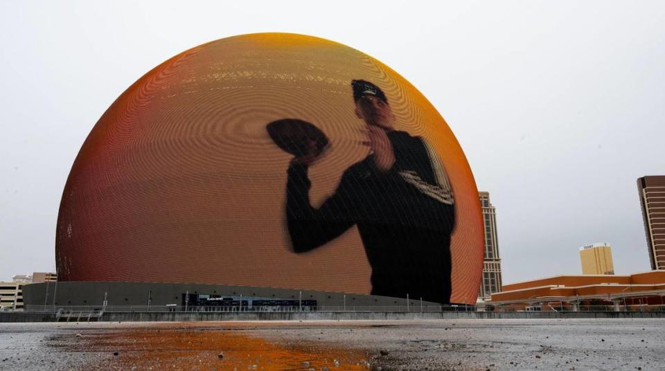A new advertising campaign launched by Adidas features Kansas City Chiefs quarterback Patrick Mahomes, here displayed on Sphere, on Monday, Feb. 5, 2024, in Las Vegas.