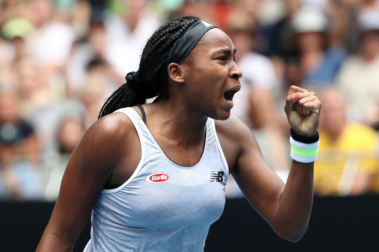 Coco Gauff of the United States celebrates after winning match point against Sorana Cirstea at the Australian Open on January 22, 2020, in Melbourne, Australia. (Mark Kolbe/Getty Images)