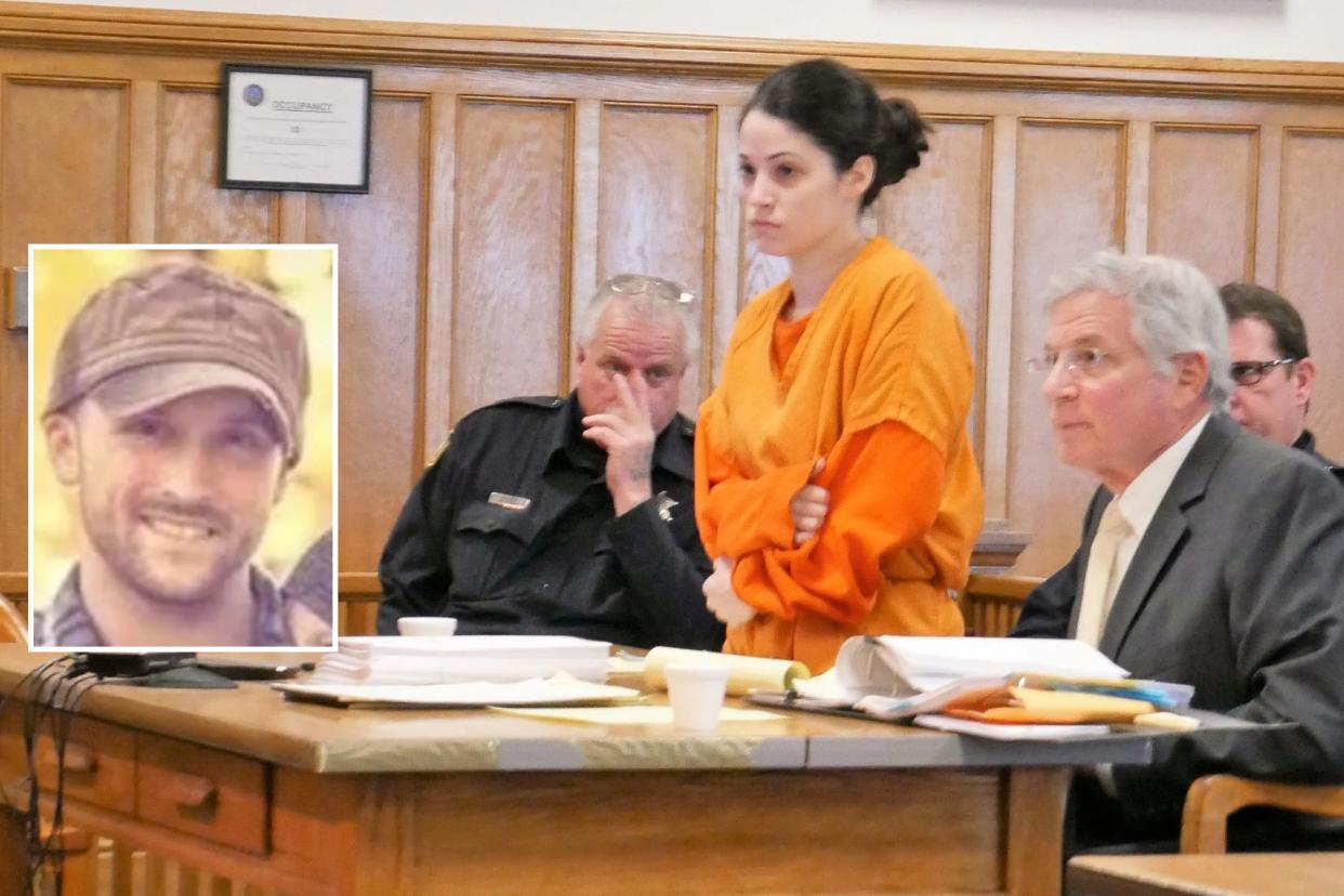 Nicole Addimando pictured in court with an inset of her abuser, chris grover