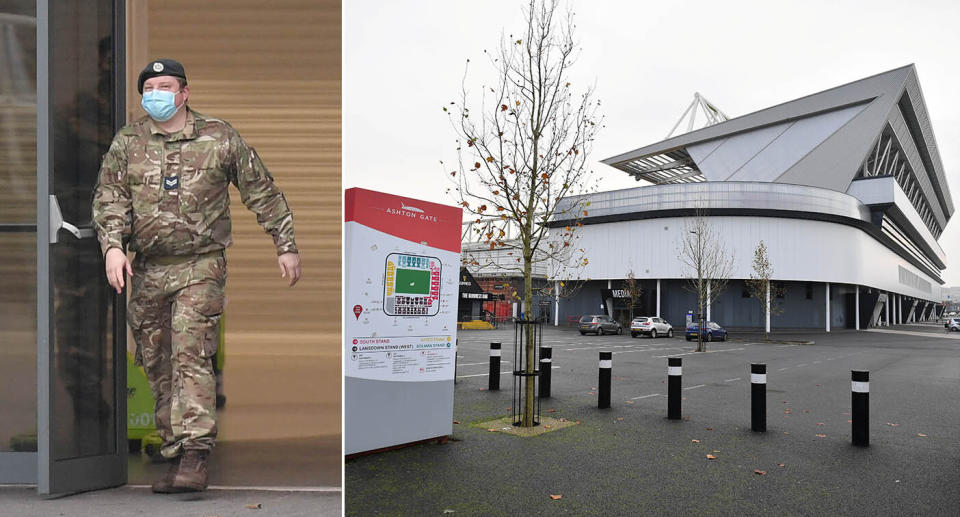 An army officer at Ashton Gate stadium in Bristol on Monday as part of preparations for a vaccine programme. (SWNS)