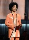 At the 58th annual grammy awards, Prince pulls off this metallic tangerine get-up. In a beaded black necklace, Prince dazzles in his 70’s inspired outfit. It’s never too late to wear flare.