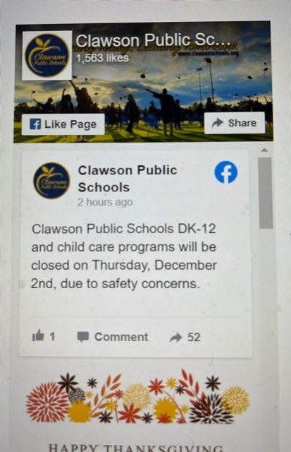 Clawson Public Schools decided to cancel classes on Thursday, Dec. 2, 2021 based on safety concerns. This alert appeared on the website.