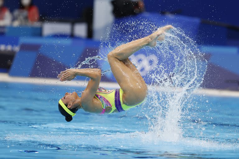 Nuria Diosdado y Joana Jiménez del Team Mexico compiten en la Rutina Técnica Artistic Swimming Duet el día once de los Juegos Olímpicos de Tokio 2020 en el Centro Acuático de Tokio el 3 de agosto de 2021 en Tokio, Japón.