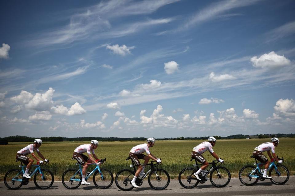 AG2R Citroen Team rides during the fifth stage of the 75th edition of the Criterium du Dauphine cycling race 1915km  between CormoranchesurSaone and SalinsLesBains  on June 8 2023 Photo by AnneChristine POUJOULAT  AFP Photo by ANNECHRISTINE POUJOULATAFP via Getty Images