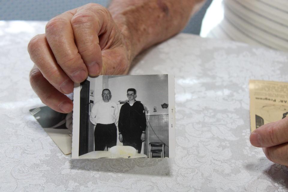 Inside of his Stockton home, veteran Richard Johnston shares photographs from his childhood on Thursday, Sept. 7, 2023. Photographed with Johnston is his uncle, who inspired him to enlist in the Army.