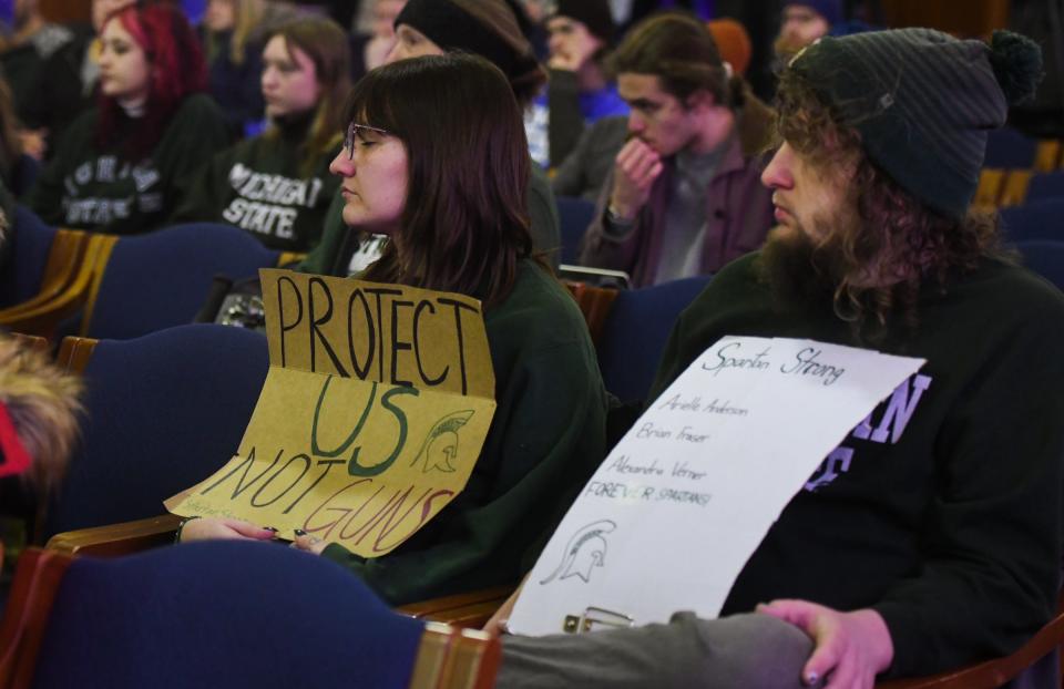 Michigan State University students and others gather Monday, Feb. 27, 2023, for the March for Our Lives demonstration in the Senate Hearing Room at Boji Tower in downtown Lansing, where MSU students and others rallied for changes to gun laws and policies.