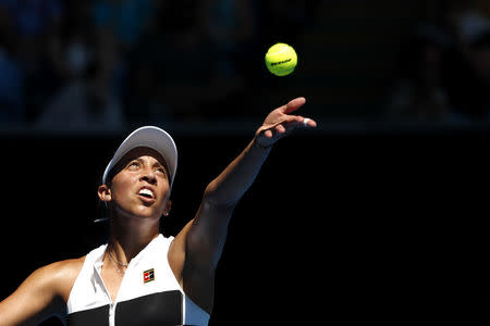 Tennis - Australian Open - Fourth Round - Melbourne Park, Melbourne, Australia, January 21, 2019. Madison Keys of the U.S. serves to Ukraine's Elina Svitolina. REUTERS/Adnan Abidi