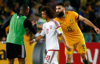 Football Soccer - Australia vs United Arab Emirates - 2018 World Cup Qualifying Asian Zone - Group B - Sydney Football Stadium, Sydney, Australia - 28/3/17 - UAE's Omar Abdulrahman passes Australia's Mile Jedinak as he leaves the pitch. REUTERS/David Gray