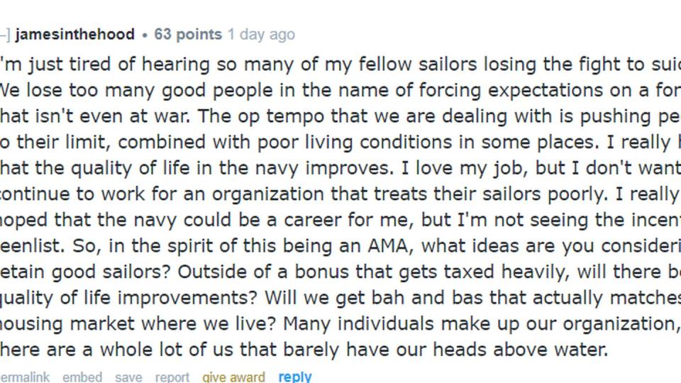 A post on Navy Reddit during Master Chief Petty Officer of the Navy James Honea's Q and A session Friday. (Screenshot/Reddit)