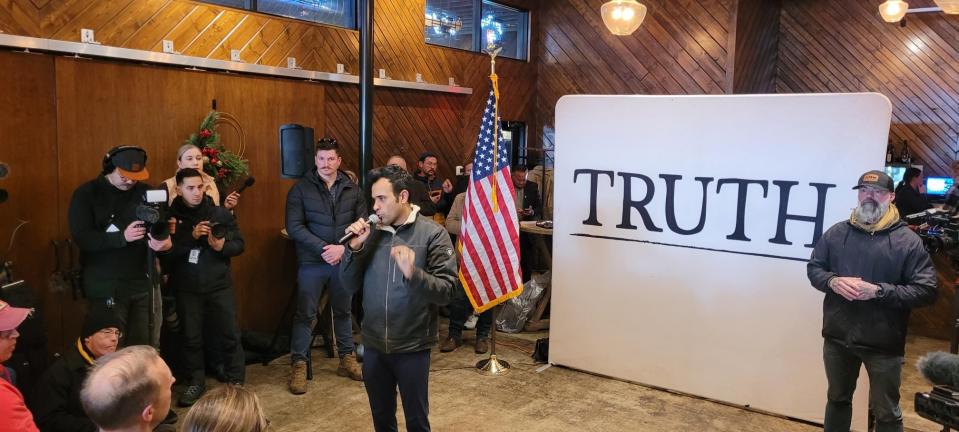 Republican presidential candidate Vivek Ramaswamy speaks at Sweet Caroline's restaurant in downtown Ames during a campaign event on Sunday, Jan. 14, 2024. Ramaswamy urged supporters to caucus for him on Monday, despite the frigid cold blanketing the area after a blizzard Thursday dumped up to 10 inches of snow across Iowa.