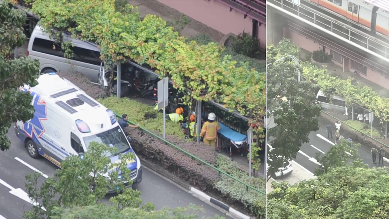 Screen grabs of SCDF paramedics setting up stretcher (left) and smoking silver van