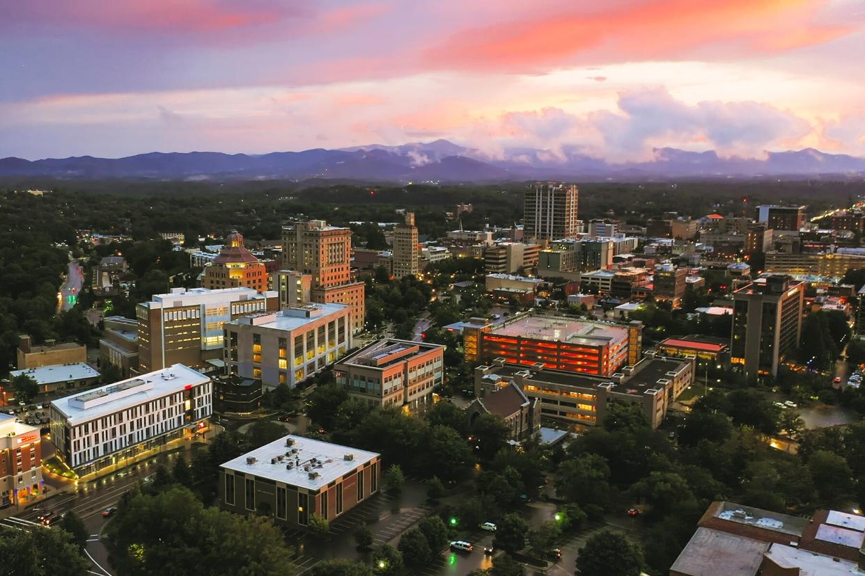 Asheville city downtown during sunset North Carolina Aerial view