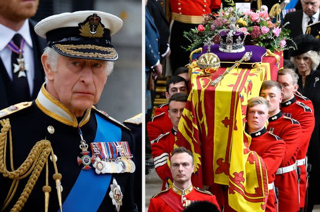 King Charles III at the funeral of his mother, Queen Elizabeth II (Photo: PA and Getty)