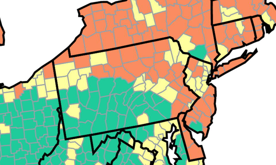 This map from the U.S. Centers for Disease Control and Prevention shows COVID-19 community levels by county in Pennsylvania. The green indicates low levels, the yellow medium and the orange high.