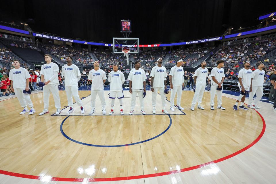 Team USA stands on the court before a 2023 FIBA World Cup exhibition game against Puerto Rico at T-Mobile Arena on August 07, 2023 in Las Vegas, Nevada.