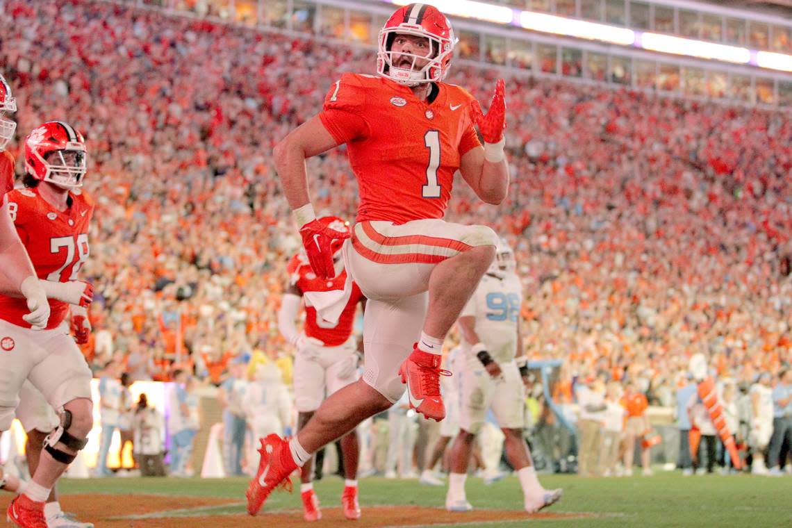 Clemson running back Will Shipley (1) celebrates his touchdown run against North Carolina during second-half action in Clemson, S.C. on Saturday, Nov.18, 2023.