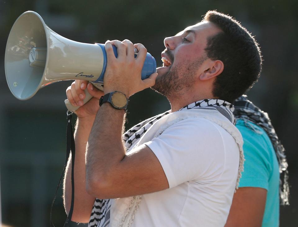 A student, name not given, speaks in response to the Palestine and Israel conflict, Thursday, Oct. 12, 2023, at Purdue University in West Lafayette, Ind.