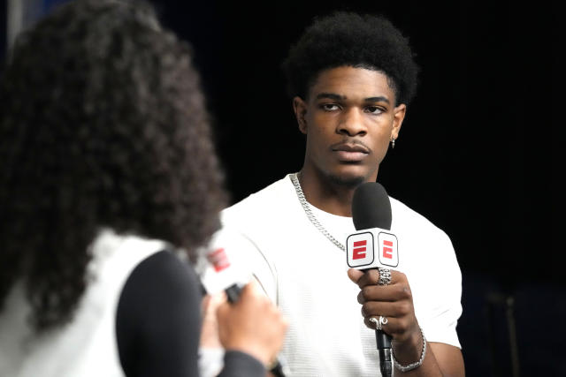 Scoot Henderson listens to a question from the media during the 2023 NBA basketball Draft Combine in Chicago, Wednesday, May 17, 2023. (AP Photo/Nam Y. Huh)