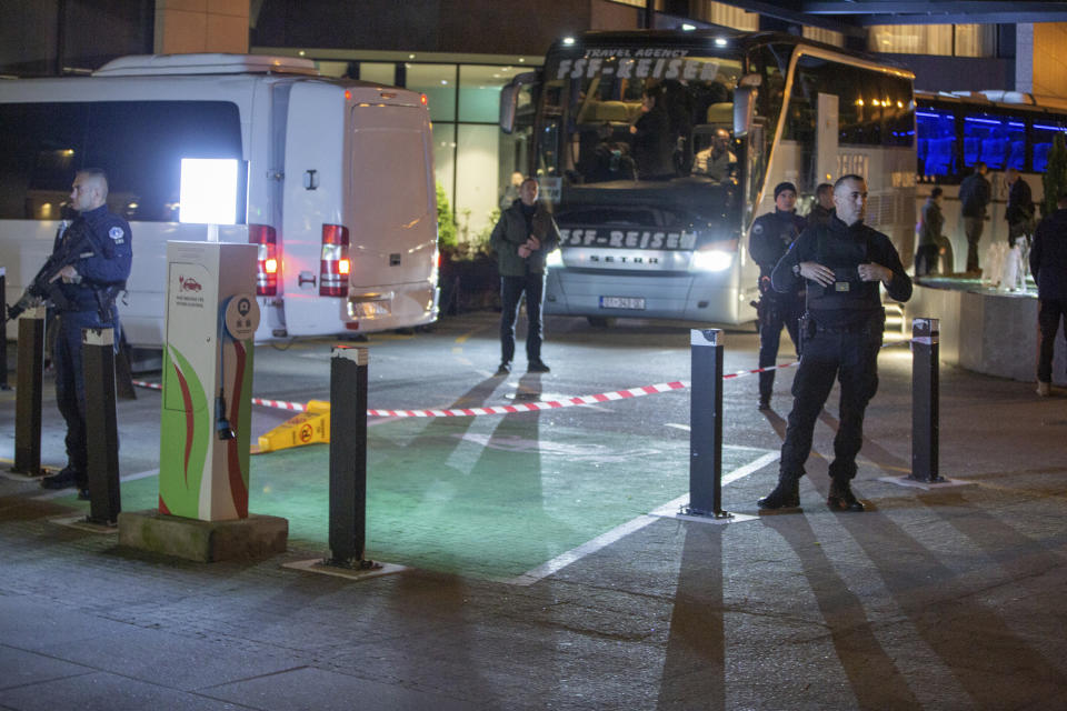 Kosovo police officers secure the hotel where Israel's national soccer team are staying, in the capital Pristina Friday, Nov. 10, 2023. Israel’s national soccer team has arrived in Kosovo amid tight security measures at the airport ahead of a postponed European Championship qualifier. (AP Photo/Visar Kryeziu)