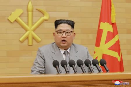 North Korea's leader Kim Jong Un speaks during a New Year's Day speech in this photo released by North Korea's Korean Central News Agency (KCNA) in Pyongyang on January 1, 2018. KCNA / via REUTERS