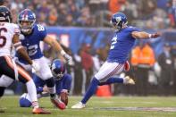 Dec 2, 2018; East Rutherford, NJ, USA; New York Giants kicker Aldrick Rosas (2) kicks a field goal against the Chicago Bears during the second quarter at MetLife Stadium. Mandatory Credit: Brad Penner-USA TODAY Sports