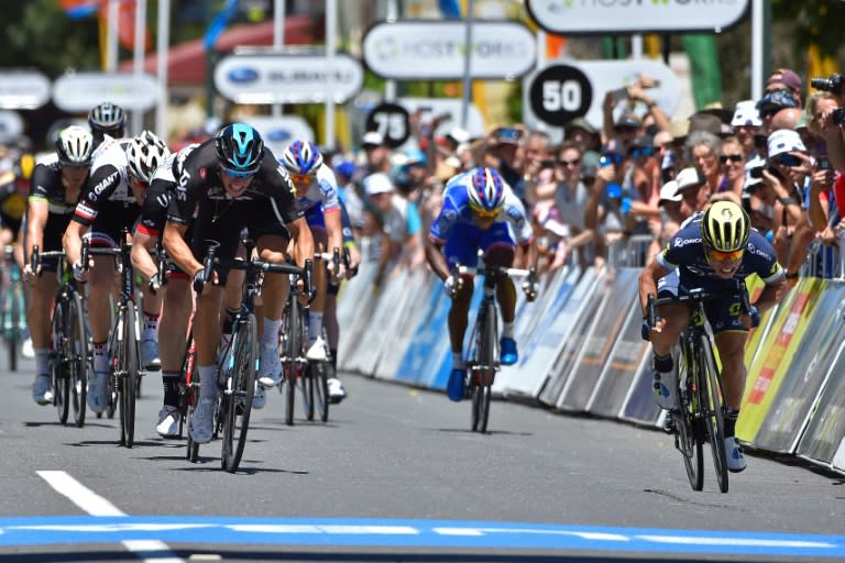 Australia's Caleb Ewan (R) of Orica-Scott team finishes ahead of Team Sky's Dutch cyclist Danny Van Poppel (front L) in the first stage of the Tour Down Under, from Adelaide to Tanunda, on January 17, 2017