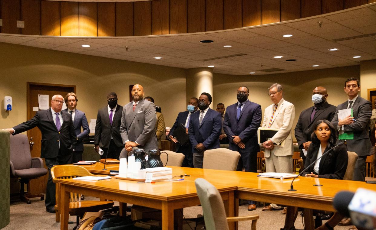 The five former Memphis Police Department officers charged with the killing of Tyre Nichols make a court appearance at Shelby County Criminal Court in Memphis, Tenn., on Friday, June 23, 2023. 