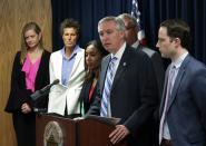 <p>Montgomery County District Attorney Kevin Steele (C) speaks to reporters after the retrial of Bill Cosby’s sexual assault case at the Montgomery County Courthouse in Norristown, Pa., on April 26, 2018. (Photo: Dominick Reuter/AFP/Getty Images) </p>