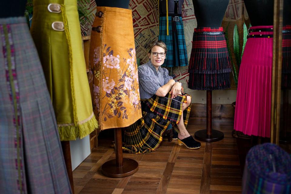 acme atelier founder and kiltmaker andrea chappell in the town of forres contact helloacmeateliergmailcom credit they’re all my own photos so no rights issues\, you can credit them to gareth edwards\, my long suffering husband who has to press the button