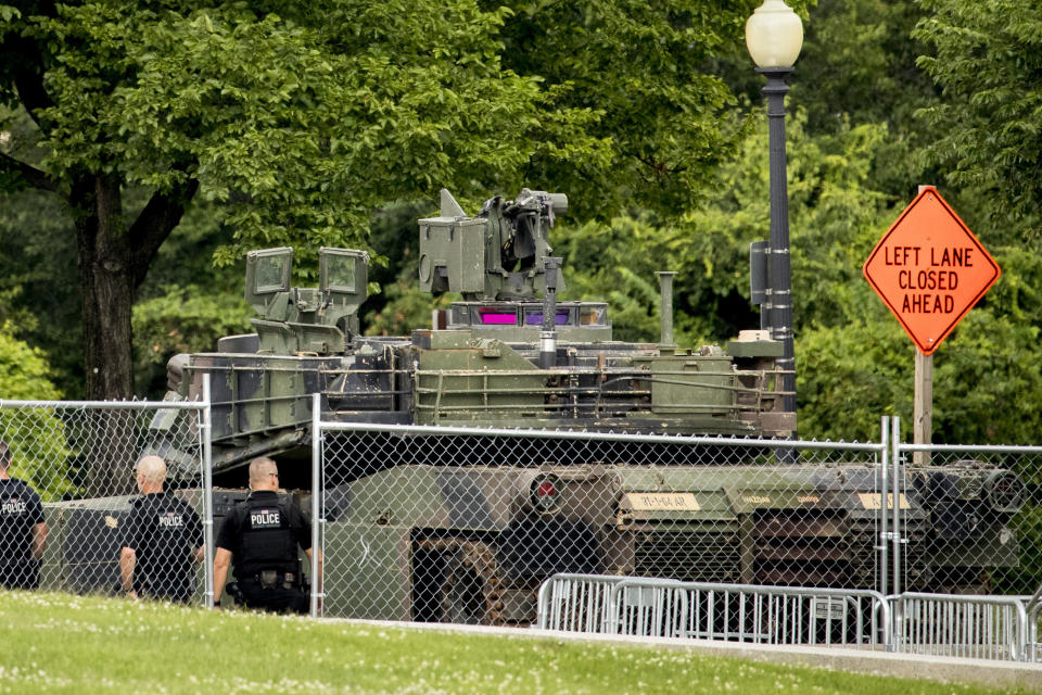 An M1A1 Abrams tank is parked nearby the Lincoln Memorial for President Donald Trump's 'Salute to America' event honoring service branches on Independence Day, Thursday, July 4, 2019, in Washington. President Donald Trump is promising military tanks along with "Incredible Flyovers & biggest ever Fireworks!" for the Fourth of July. (AP Photo/Andrew Harnik)