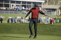 Jason Day, of Australia, looks over the 18th green of the Pebble Beach Golf Links during the second round of the AT&T Pebble Beach National Pro-Am golf tournament Friday, Feb. 7, 2020, in Pebble Beach, Calif. (AP Photo/Eric Risberg)