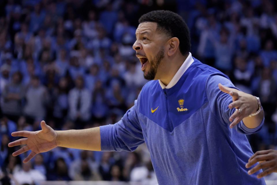 Pittsburgh head coach Jeff Capel directs the team against North Carolina during the second half of an NCAA college basketball game Wednesday, Feb. 1, 2023, in Chapel Hill, N.C. (AP Photo/Chris Seward)