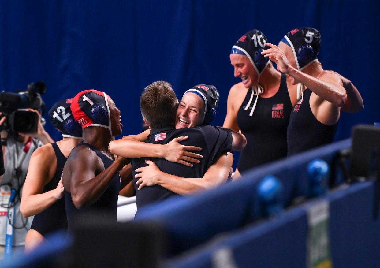 Players of the United States celebrate winning the water polo women's gold medal match between Spain and the United States at the Tokyo 2020 Olympic Games in Tokyo, Japan, Aug. 7, 2021. (Photo by Xia Yifang/Xinhua via Getty Images)