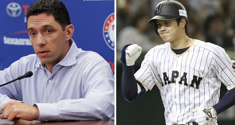 Texas Rangers general manager Jon Daniels (left) sent classy well wishes to Shohei Ohtani after the Japanese star reached an agreement with the Angels. (AP Photos)