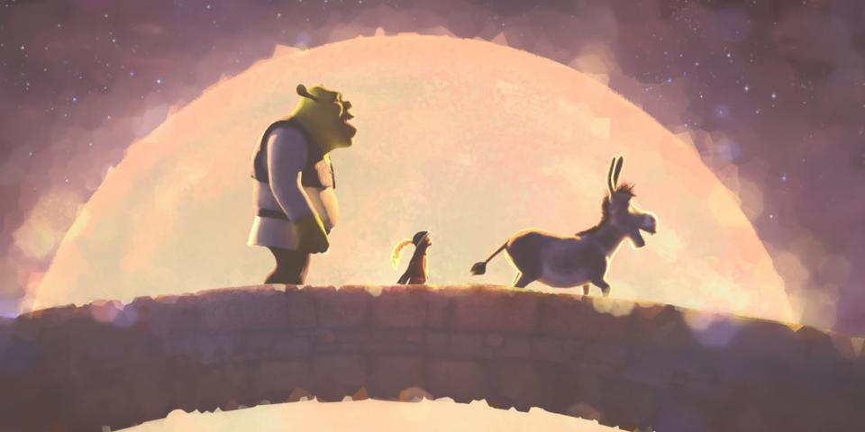 A still from the movie "Puss in Boots: The Last Wish," showing the characters Shrek, Puss in Boots, and Donkey walking across a bridge.