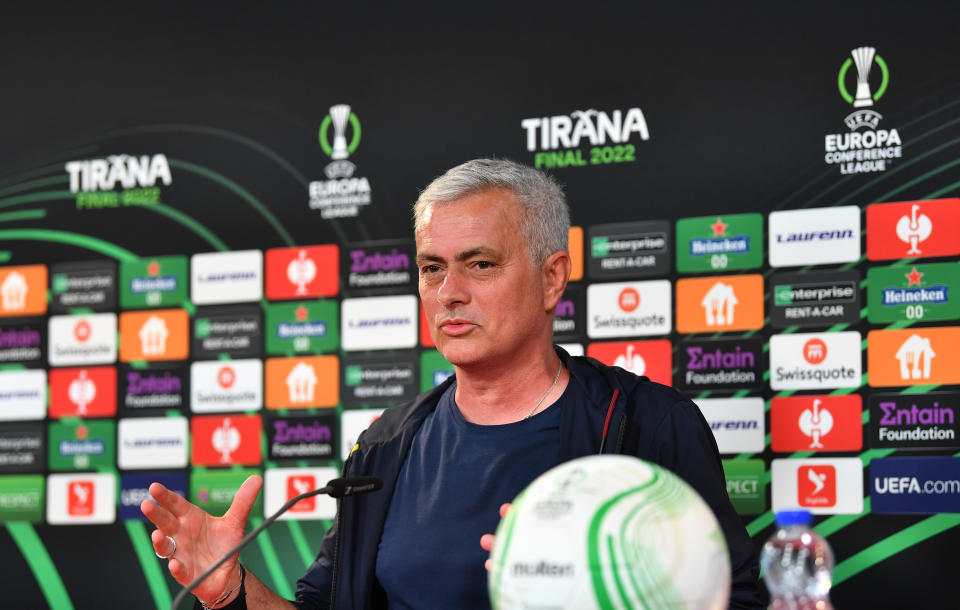 TIRANA, ALBANIA - MAY 24: Jose Mourinho, Head Coach of AS Roma speaks during a press conference at Arena Kombetare on May 24, 2022 in Tirana, Albania. AS Roma will face Feyenoord in the UEFA Conference League final on May 25, 2022. (Photo by Valerio Pennicino - UEFA/UEFA via Getty Images)