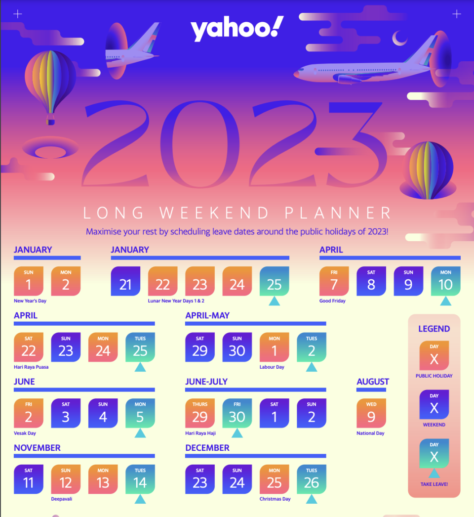 A Yahoo calendar reflecting long weekends in 2023.