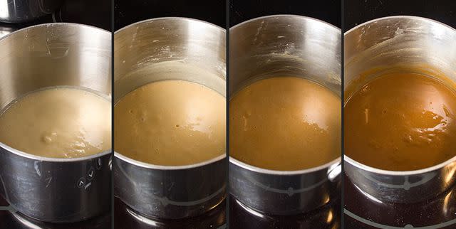 From left to right: white roux, blond roux, brown roux, dark brown roux | Photo by Allrecipes
