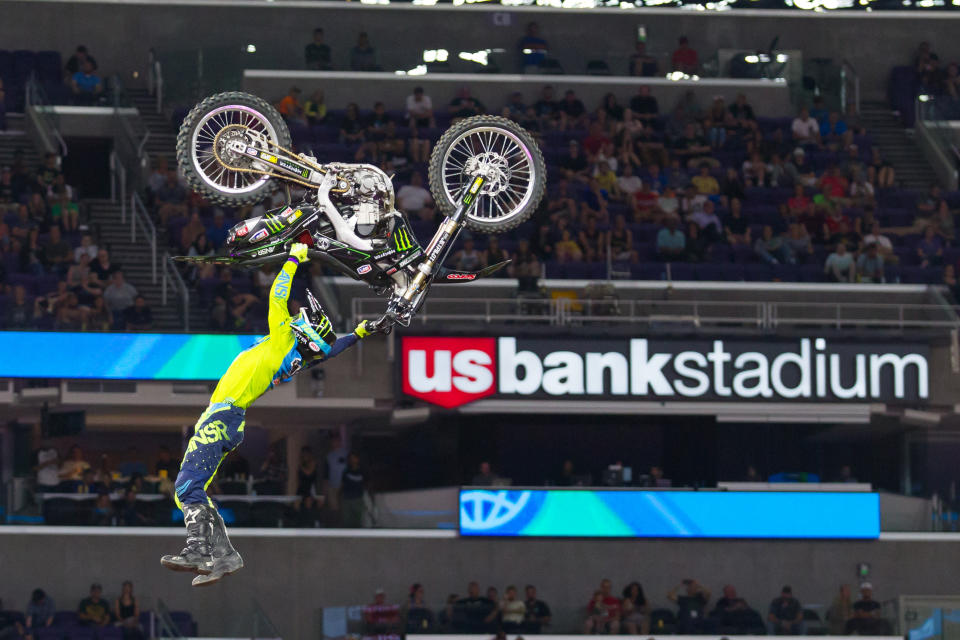 Bink, seen here dangling from his bike for his 2nd run during Moto X Freestyle at X Games Minneapolis, asked social media users to give him a break. Source: Getty