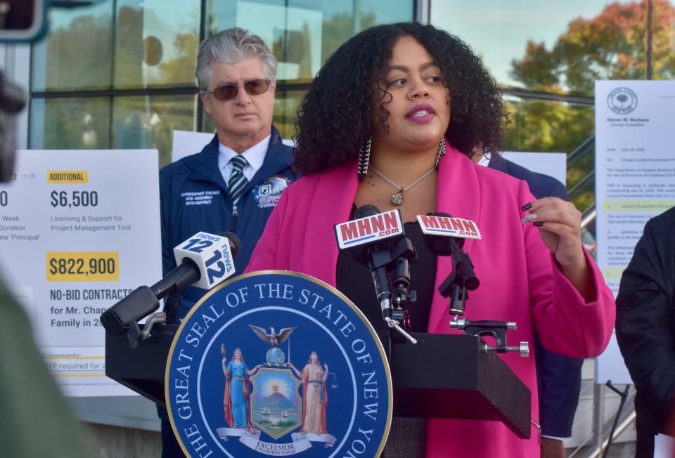 Jennifer Ramos, a Democrat who represents the city and town of Newburgh on the Orange County Legislature, calls for the resignation of Orange County Human Rights Commissioner Langdon Chapman at a Wednesday press conference outside the Orange County Office Building in Goshen.