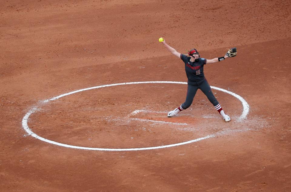 Stanford's Alana Vawter (15) throws a pitch during a softball game between Alabama and Stanford in the Women's College World Series at USA Softball Hall of Fame Stadium in  in Oklahoma City, Friday, June, 2, 2023. 