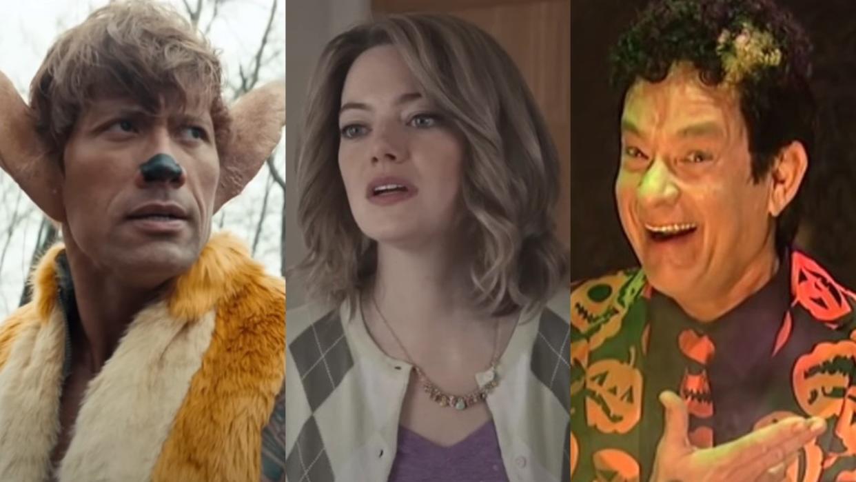  From left to right: screenshots of Dwayne Johnson as Bambie, Emma Stone as an actress and Tom Hanks as David Pumpkins on SNL. 