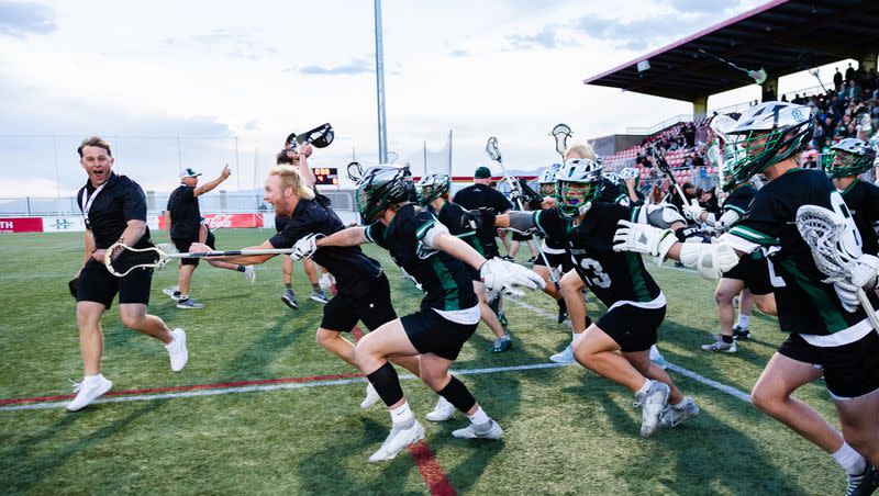 Green Canyon celebrates after winning the 4A boys lacrosse championships at Zions Bank Stadium in Herriman on May 26, 2023.